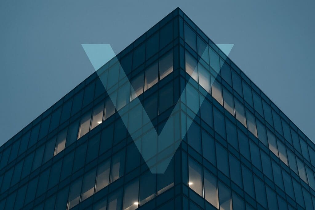 Modern glass office building with subtle teal ‘V’ overlay, symbolising the launch of Venturewave Capital