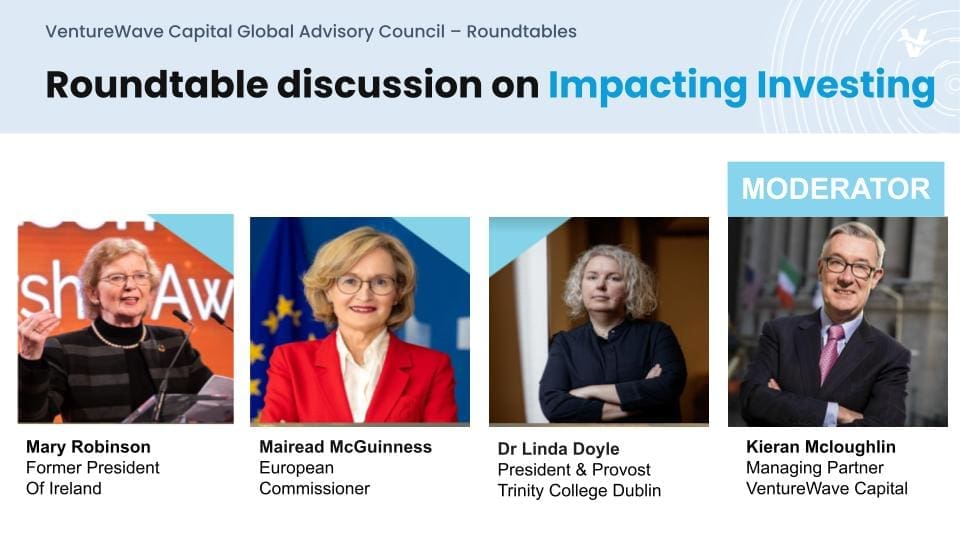 Impact Investing Roundtable at Venturewave Capital featuring Mary Robinson, Mairead McGuinness, Linda Doyle, and moderator Kieran McLoughlin