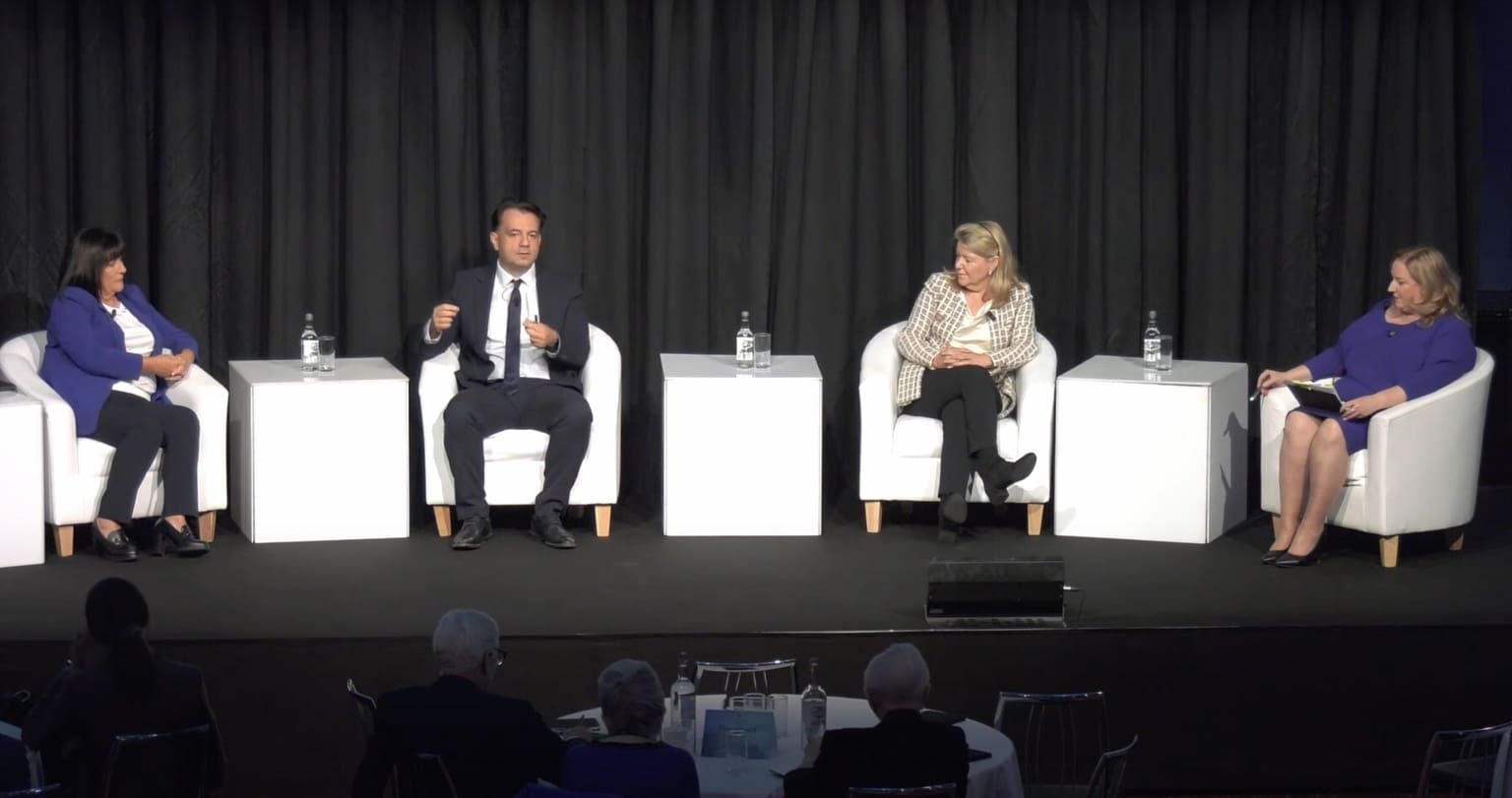 Panel discussion at IMPACT Ireland 2024 on whether impact investing is woke or a winning strategy, featuring Panos Seretis, Rosaleen Blair, and Anne Heraty