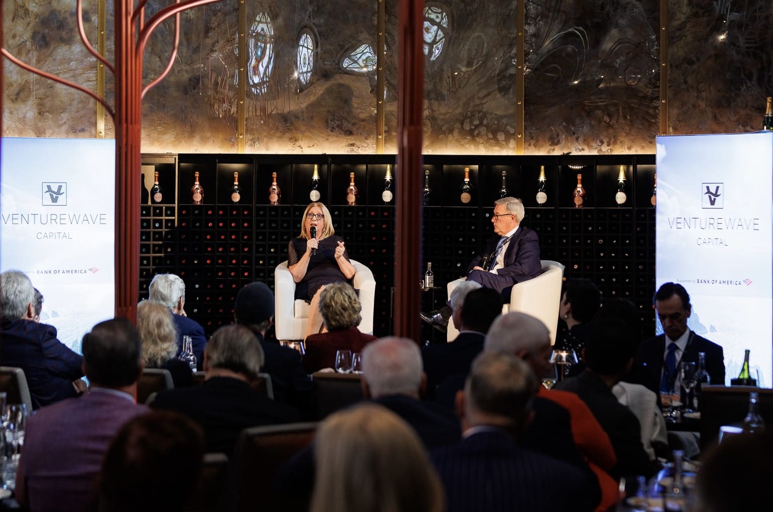 ary McAleese speaking at Impact Ireland GAC 2024 in a fireside chat with Venturewave Capital's Lieran McLoughlin