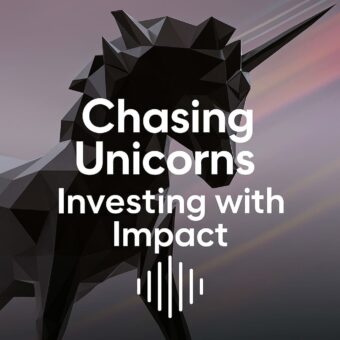 Chasing Unicorns podcast cover with subtitle Investing with Impact and a geometric black unicorn graphic