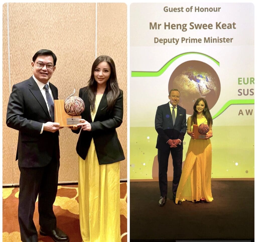 Dian Diana Kam receiving the EuroCham Singapore Rising Star Award in Sustainability on behalf of Venturebeam, presented by Deputy Prime Minister Heng Swee Keat