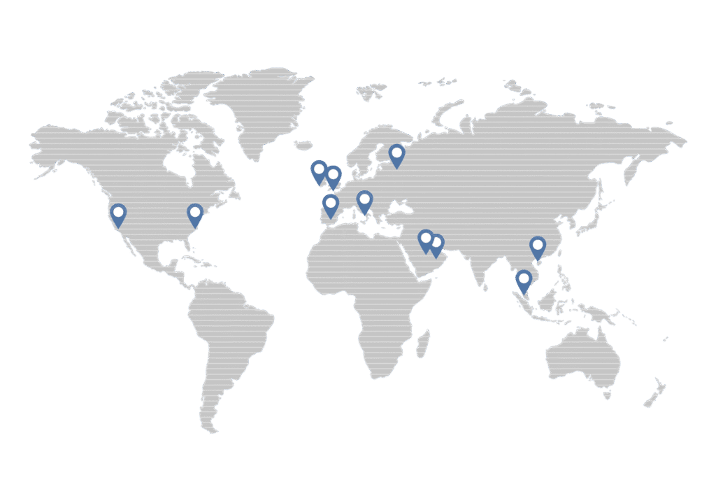 World map with blue pins showing Venturewave offices and partner hubs in North America, Europe, the Middle East and Asia-Pacific