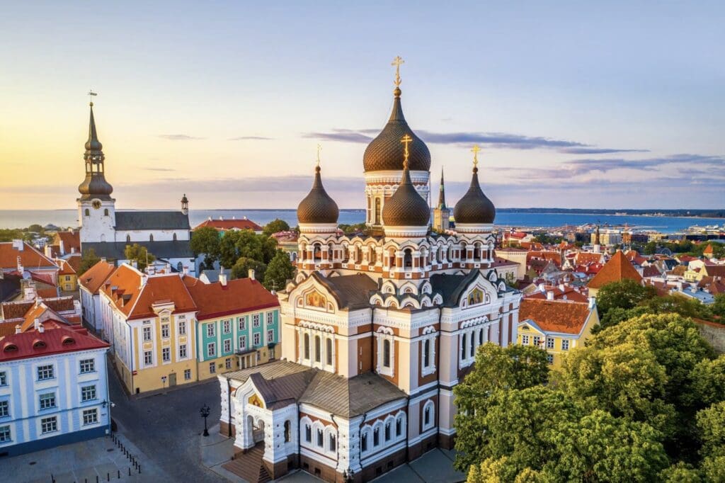Aerial view of Tallinn’s Alexander Nevsky Cathedral at sunrise, marking Venturewave’s Baltic technology and innovation hub.