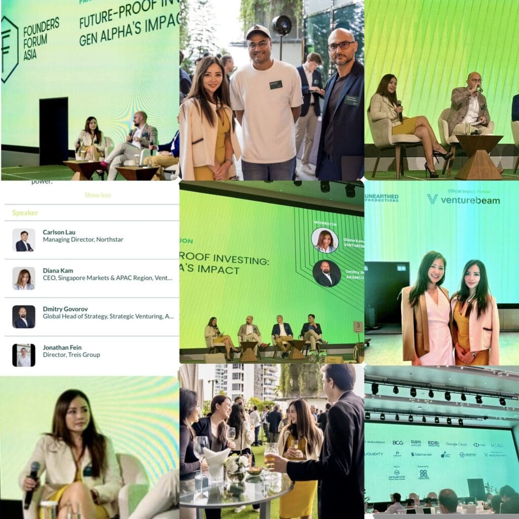 Photo collage of Venturebeam at Founders Forum Asia 2025 featuring Diana Kam, impact panel speakers, and networking sessions in Singapore