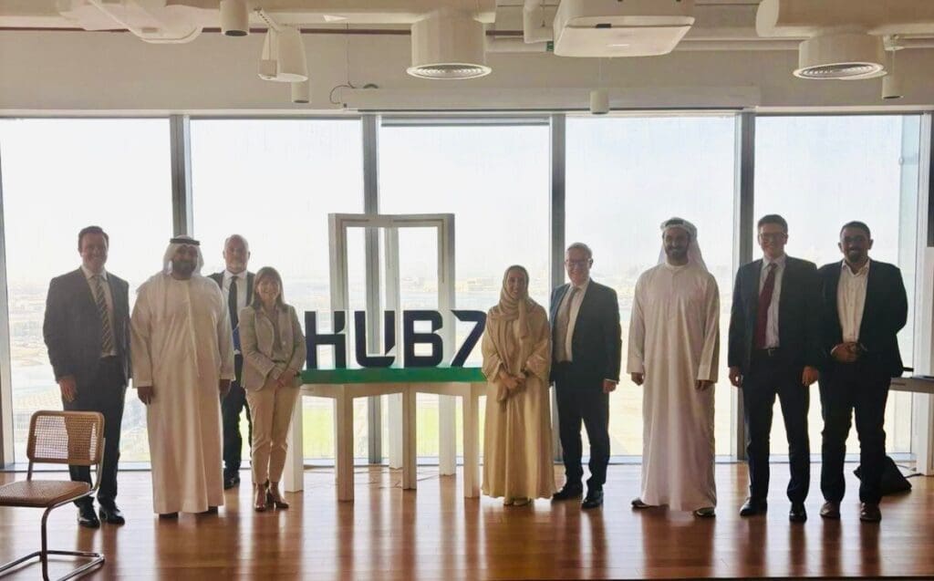 Venturewave Capital team with partners at Hub71 innovation centre in Abu Dhabi, exploring strategic impact investment opportunities in the Middle East, May 2025.