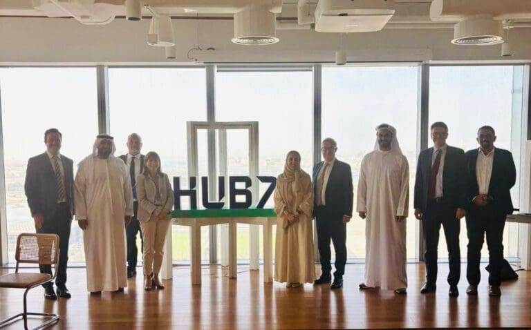 Venturewave Capital team with partners at Hub71 innovation centre in Abu Dhabi, exploring strategic impact investment opportunities in the Middle East, May 2025.