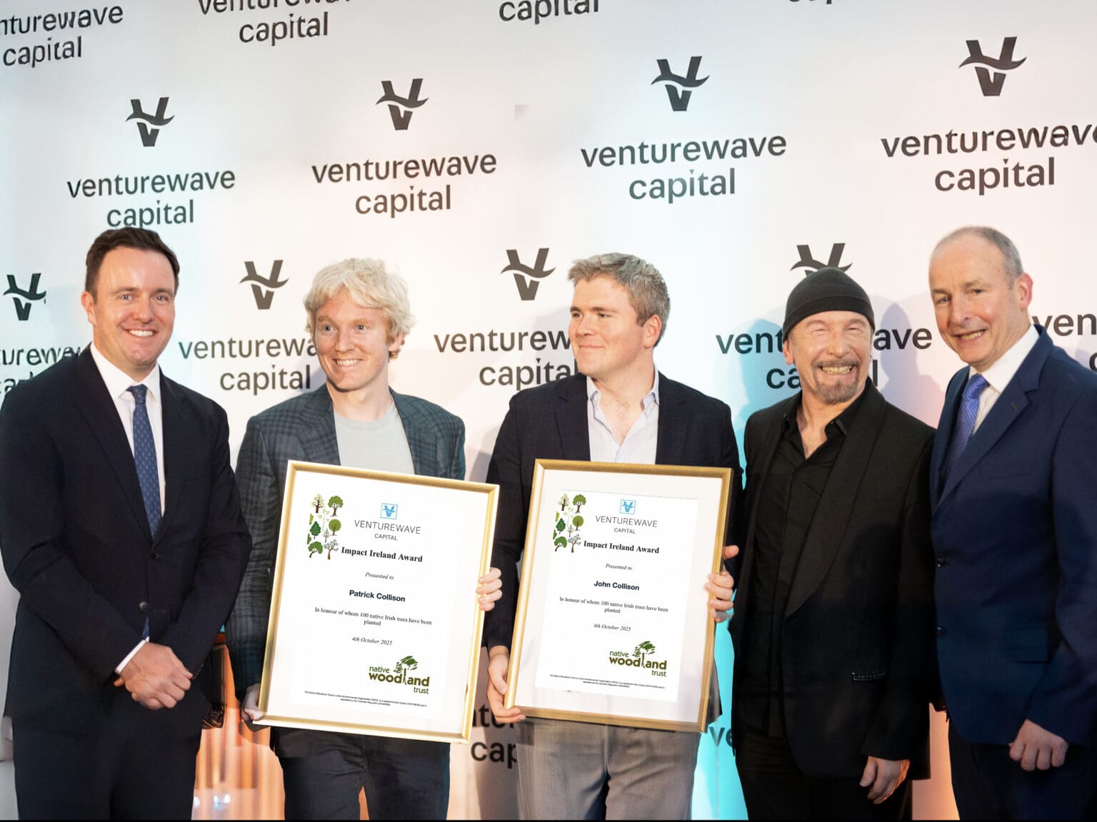 Alan Foy with Patrick Collison, John Collison, The Edge and An Taoiseach Micheál Martin at Venturewave Capital’s Impact Ireland Convention