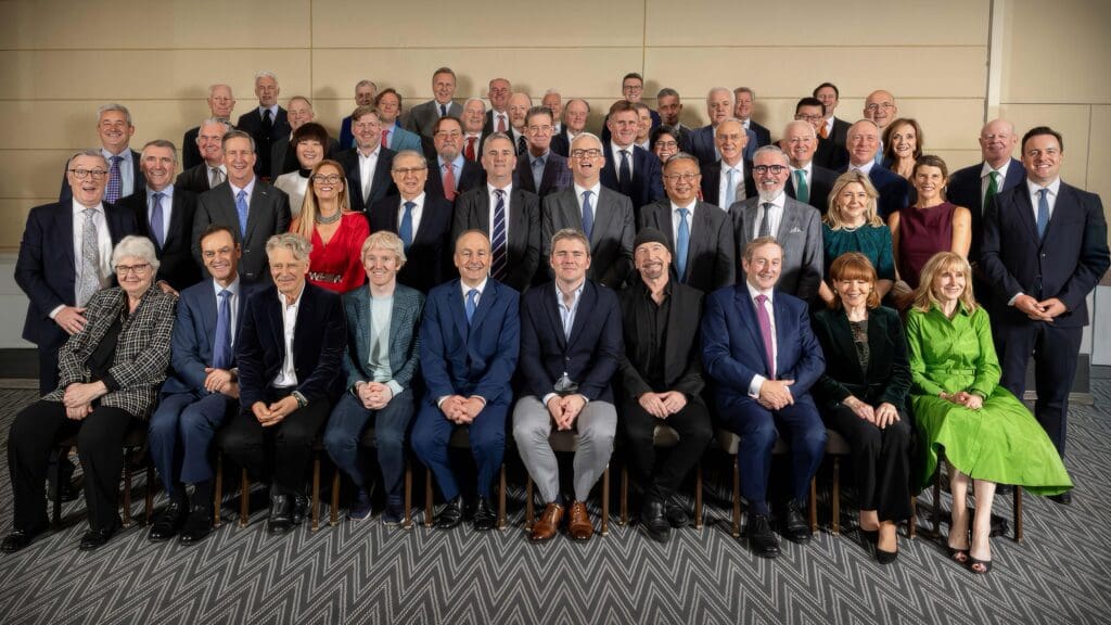 Group photo of the Venturewave Global Advisory Council (GAC) and stakeholders, including The Edge and Adam Clayton, defining the future of Impact Investing Ireland.