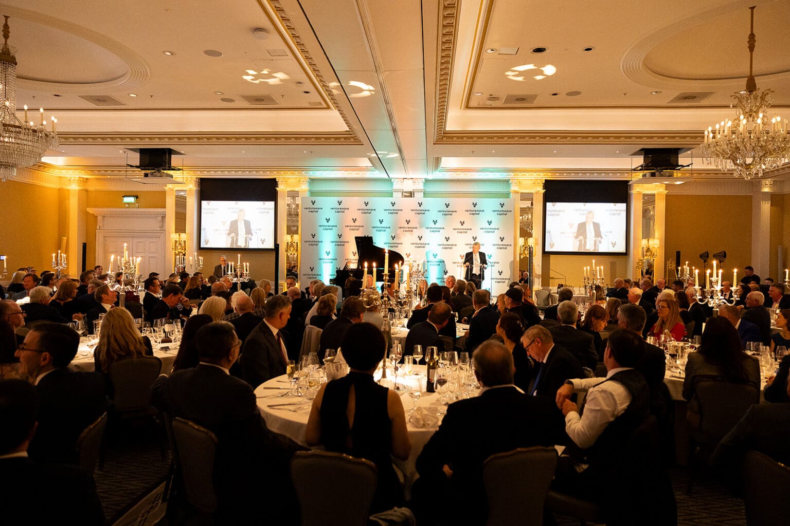 Impact Ireland 2025 gala dinner at The Shelbourne Hotel with guests gathered for speeches on global impact and Irish innovation