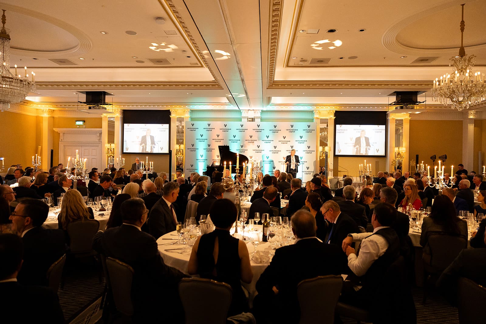 Impact Ireland 2025 gala dinner at The Shelbourne Hotel with guests gathered for speeches on global impact and Irish innovation